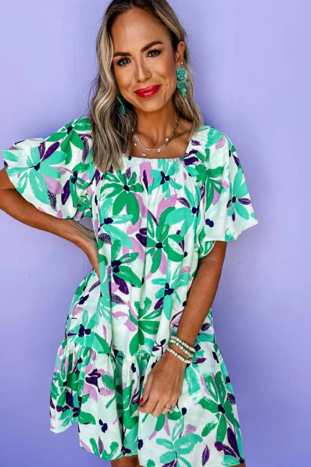 Fashion Dear-Lover Floral Print Shirred Square Neck Loose Fit Mini Dress Green