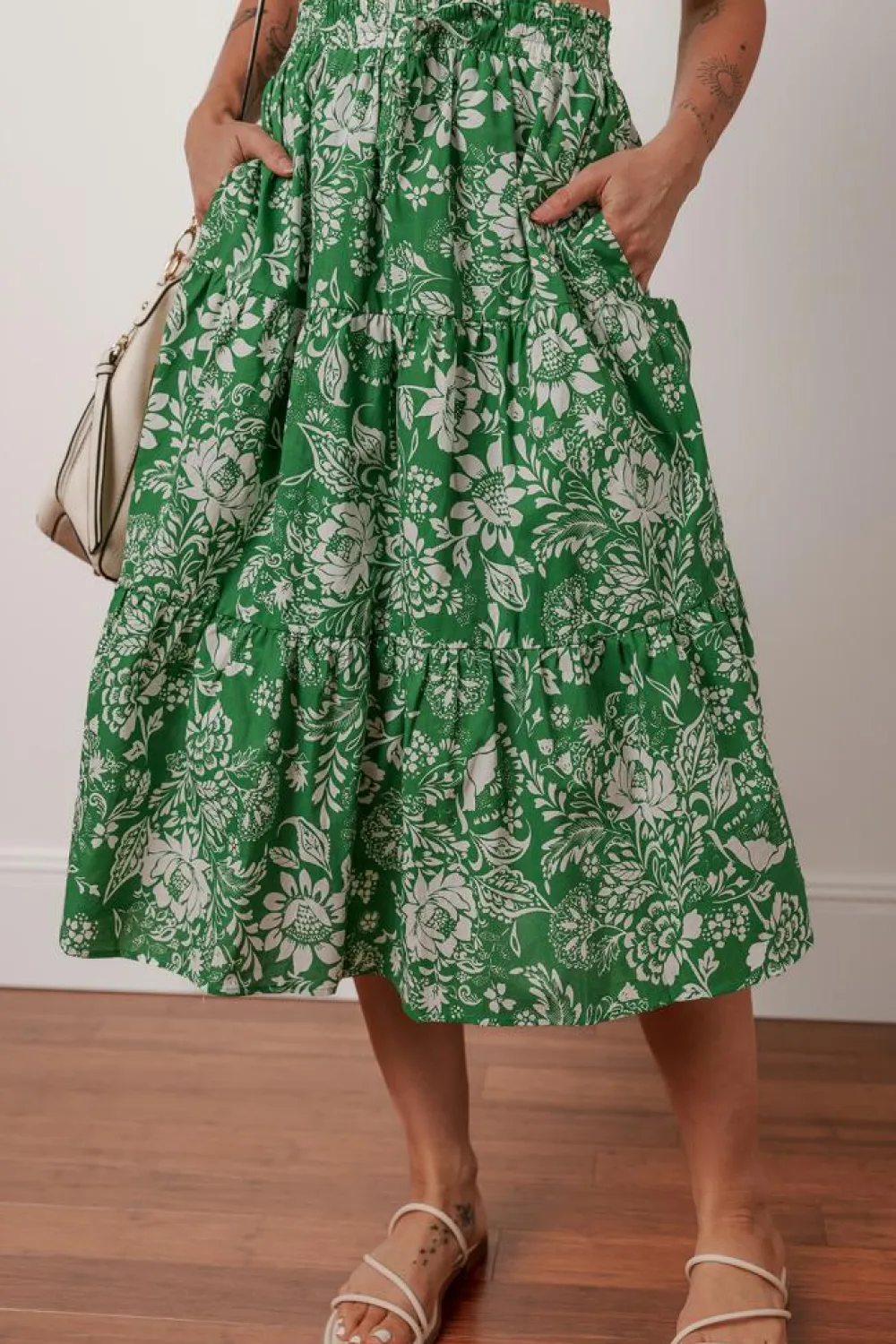 Sale Dear-Lover Floral Print Shirred Crop Top and High Waist Midi Skirt Set Green