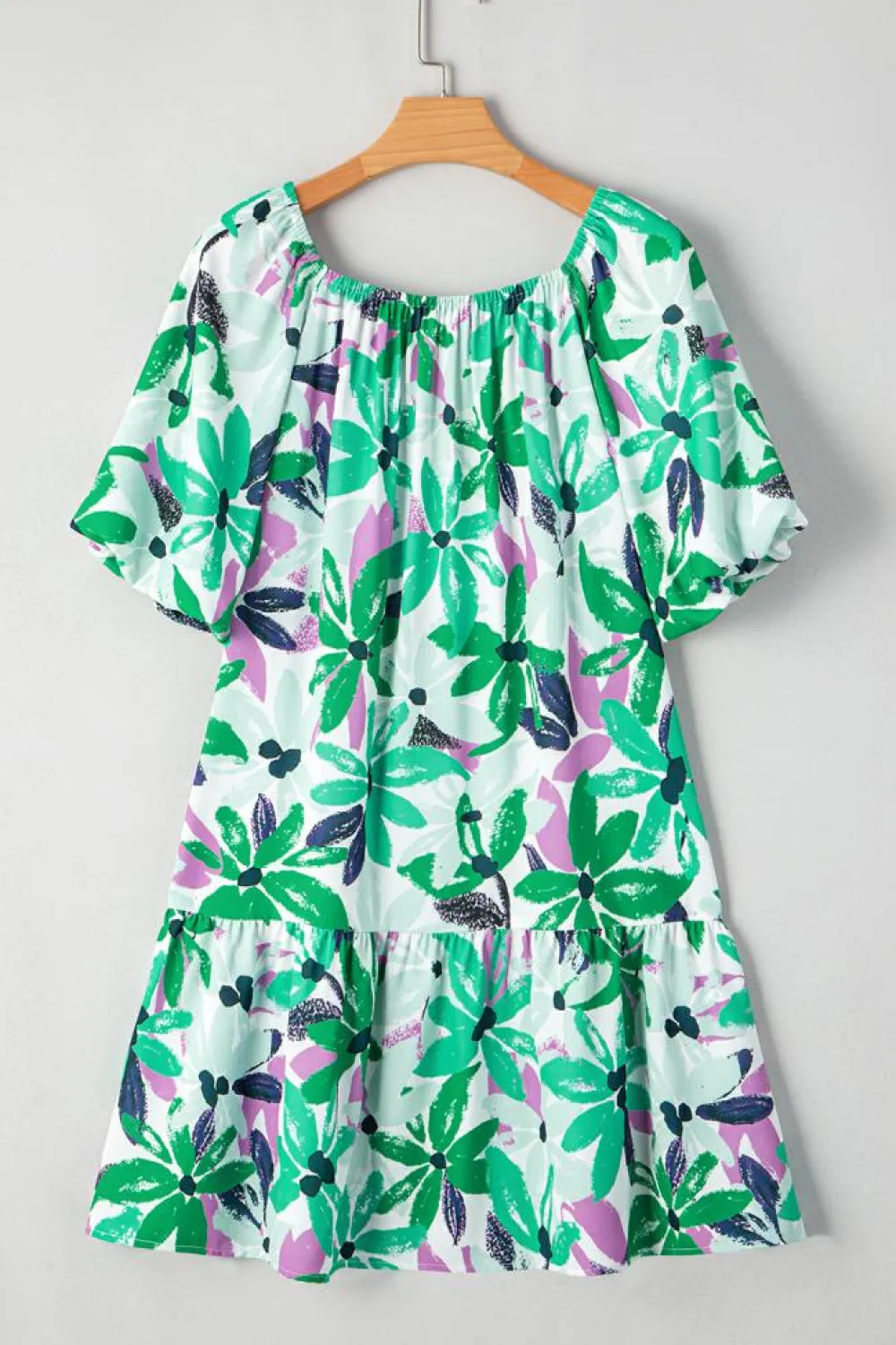 Fashion Dear-Lover Floral Print Shirred Square Neck Loose Fit Mini Dress Green