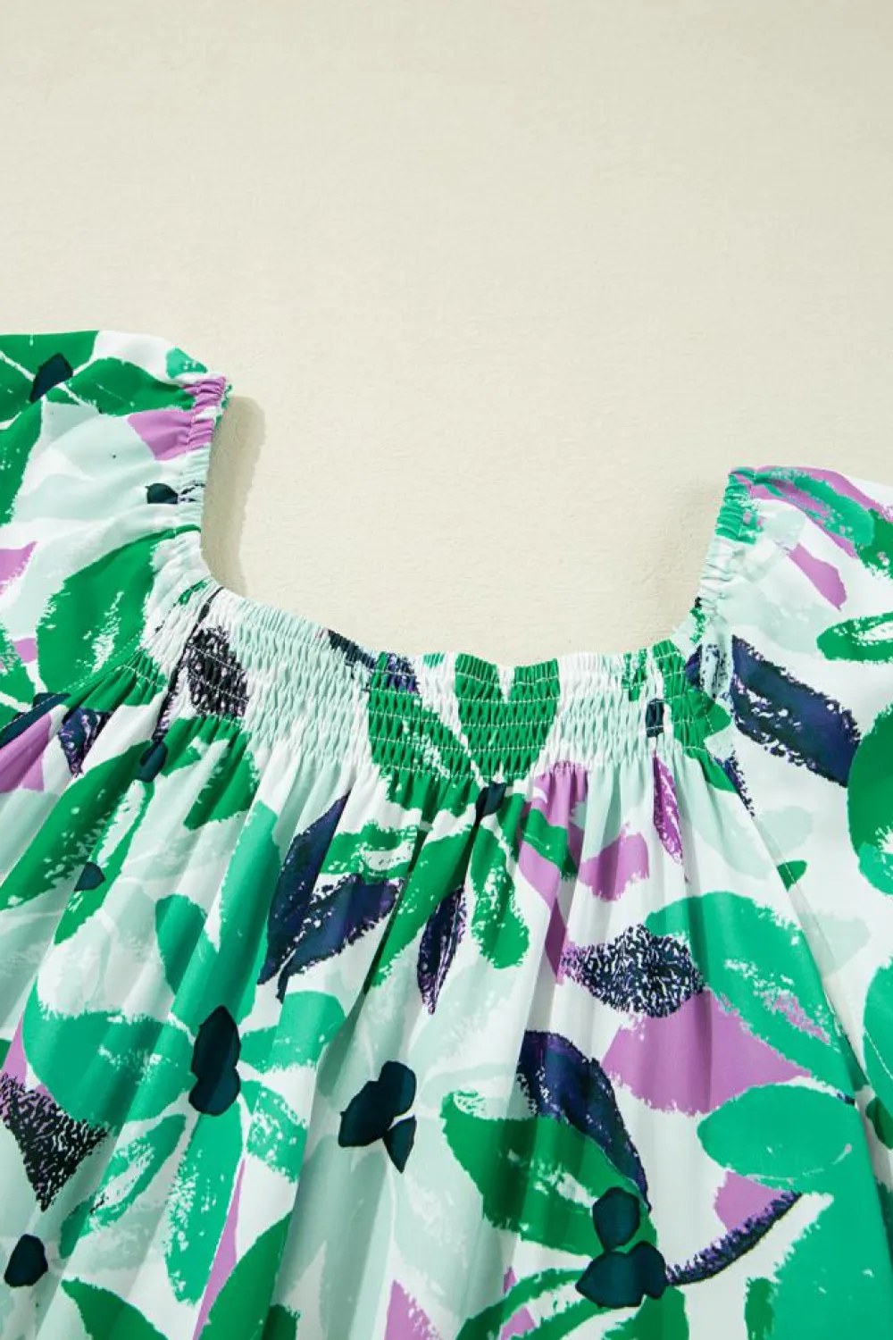 Fashion Dear-Lover Floral Print Shirred Square Neck Loose Fit Mini Dress Green