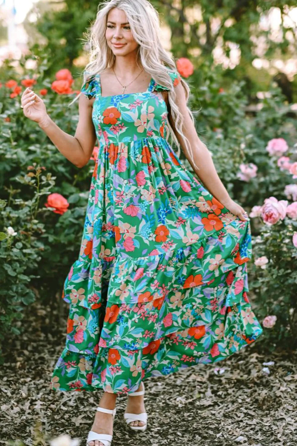 Fashion Dear-Lover Floral Print Sleeveless Ruffle Tiered Maxi Dress Green