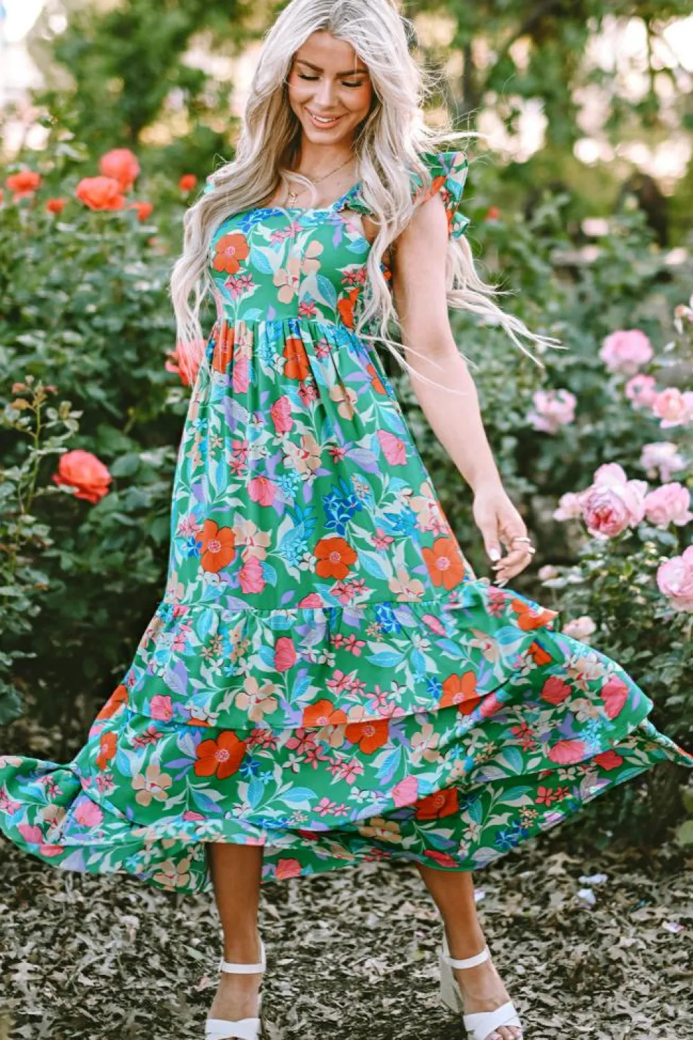 Fashion Dear-Lover Floral Print Sleeveless Ruffle Tiered Maxi Dress Green