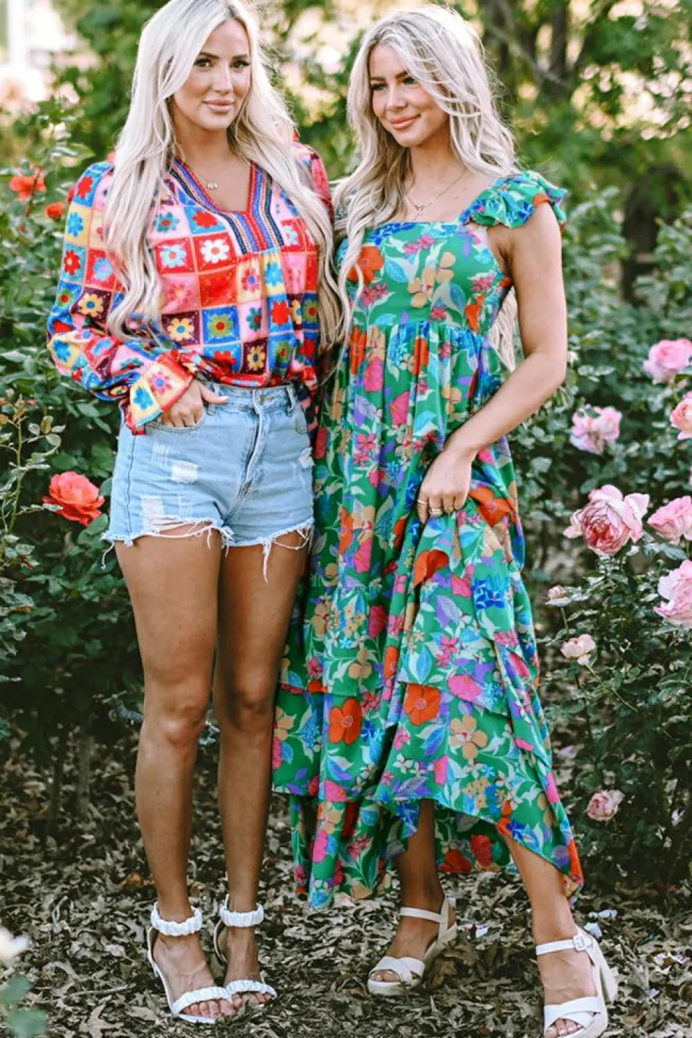 Fashion Dear-Lover Floral Print Sleeveless Ruffle Tiered Maxi Dress Green