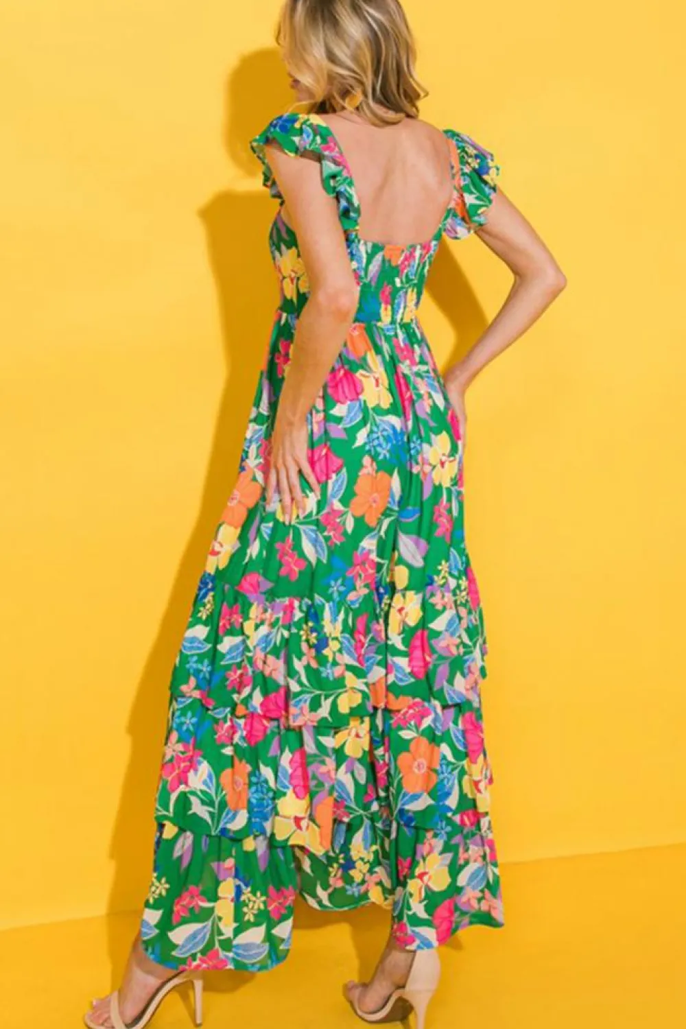 Fashion Dear-Lover Floral Print Sleeveless Ruffle Tiered Maxi Dress Green