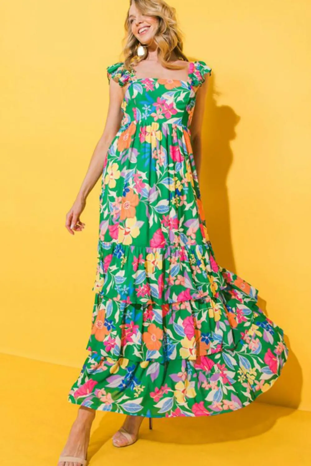 Fashion Dear-Lover Floral Print Sleeveless Ruffle Tiered Maxi Dress Green