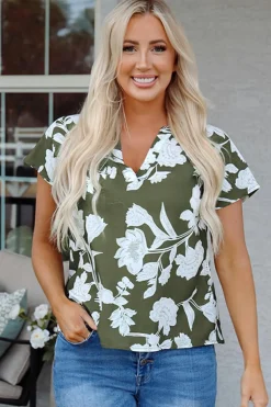 New Dear-Lover Floral Print Split Neck Short Sleeve Blouse Green