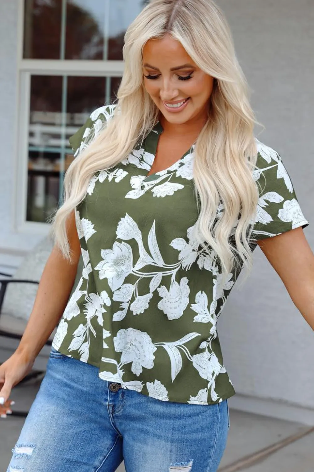 New Dear-Lover Floral Print Split Neck Short Sleeve Blouse Green