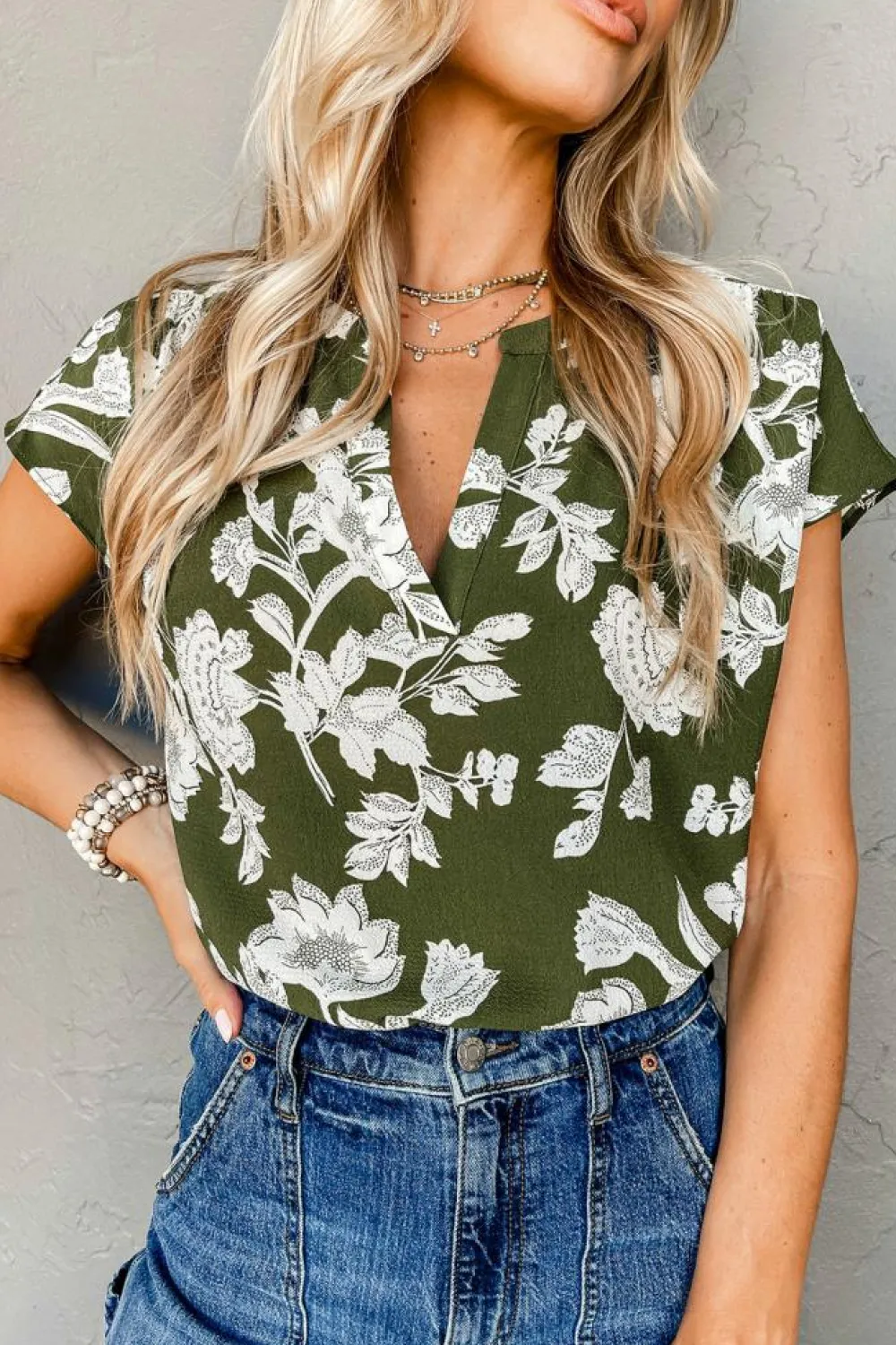 New Dear-Lover Floral Print Split Neck Short Sleeve Blouse Green