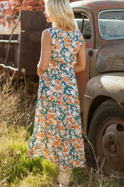 Discount Dear-Lover Floral Print Trimmed V Neck Tie Waist Sleeveless Holiday Long Dress Green