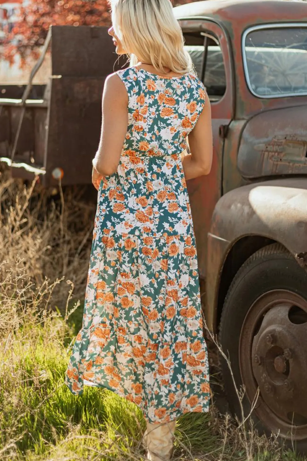 Discount Dear-Lover Floral Print Trimmed V Neck Tie Waist Sleeveless Holiday Long Dress Green