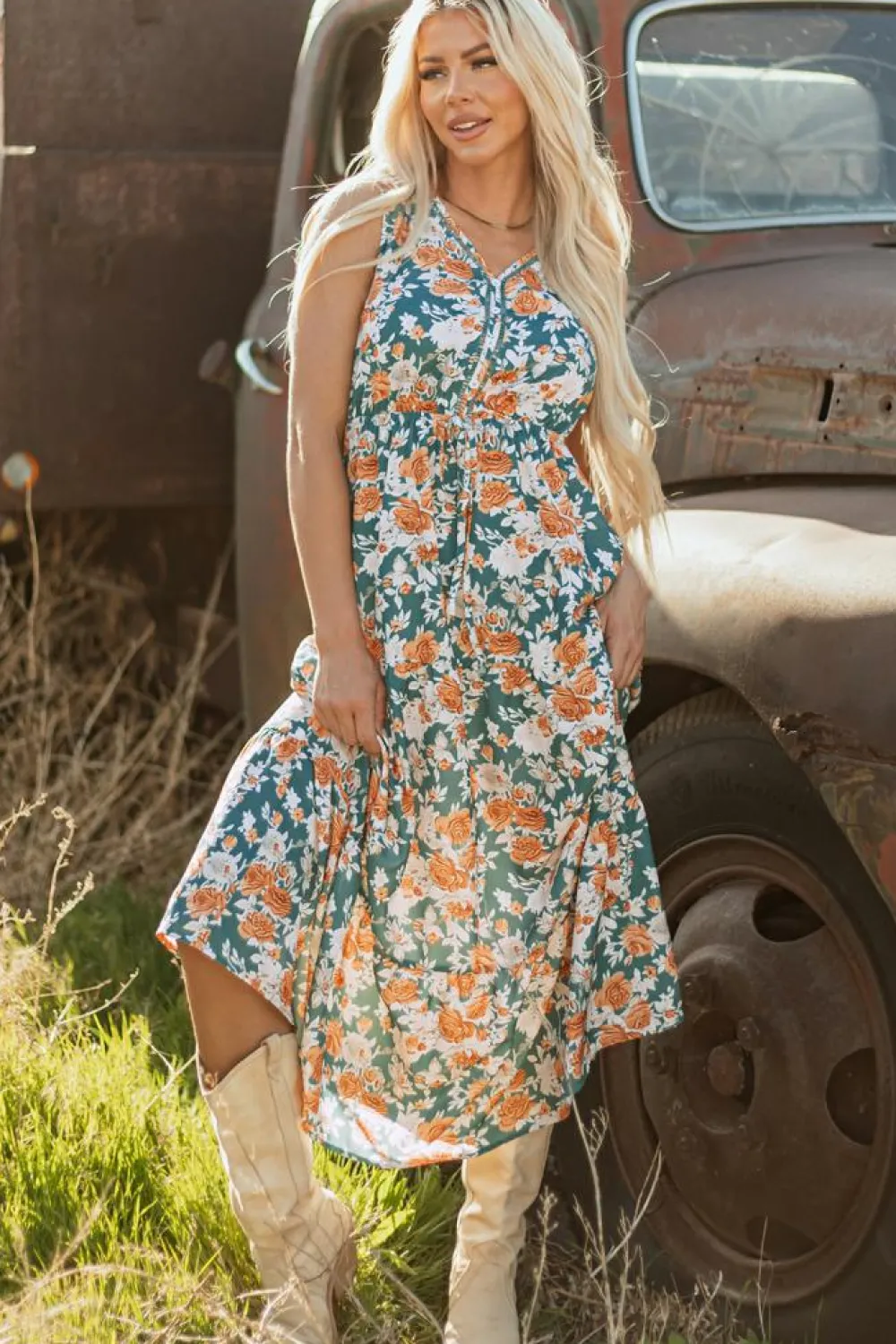 Discount Dear-Lover Floral Print Trimmed V Neck Tie Waist Sleeveless Holiday Long Dress Green