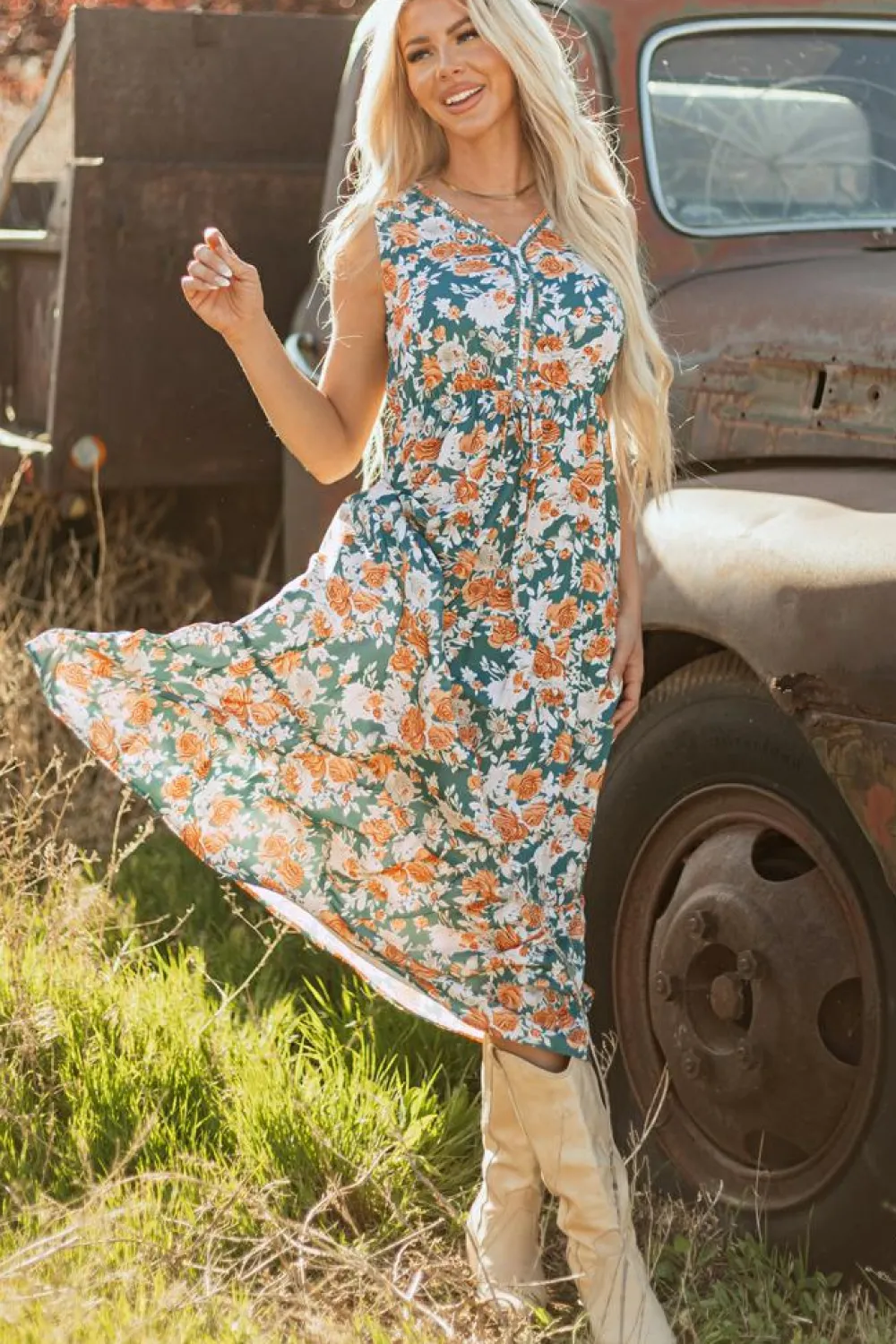 Discount Dear-Lover Floral Print Trimmed V Neck Tie Waist Sleeveless Holiday Long Dress Green