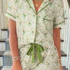 Online Dear-Lover Floral Print Turn-down Collar Short Pajamas Set Green