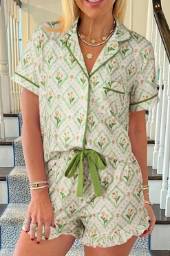 Online Dear-Lover Floral Print Turn-down Collar Short Pajamas Set Green