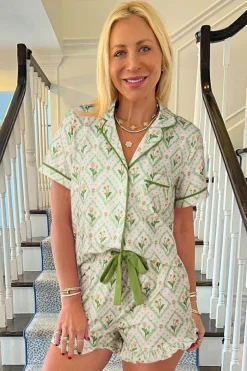 Online Dear-Lover Floral Print Turn-down Collar Short Pajamas Set Green