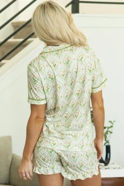 Online Dear-Lover Floral Print Turn-down Collar Short Pajamas Set Green
