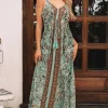 Best Dear-Lover Floral Print V Neck Ruffled Trim Backless Tassel Waist Maxi Dress Green