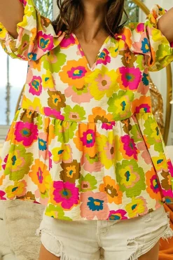 Best Dear-Lover Floral Print V Neck Puff Sleeve Summer Blouse Green