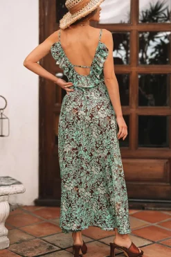 Best Dear-Lover Floral Print V Neck Ruffled Trim Backless Tassel Waist Maxi Dress Green