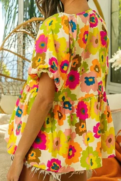 Best Dear-Lover Floral Print V Neck Puff Sleeve Summer Blouse Green