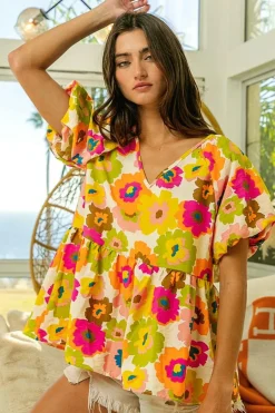 Best Dear-Lover Floral Print V Neck Puff Sleeve Summer Blouse Green