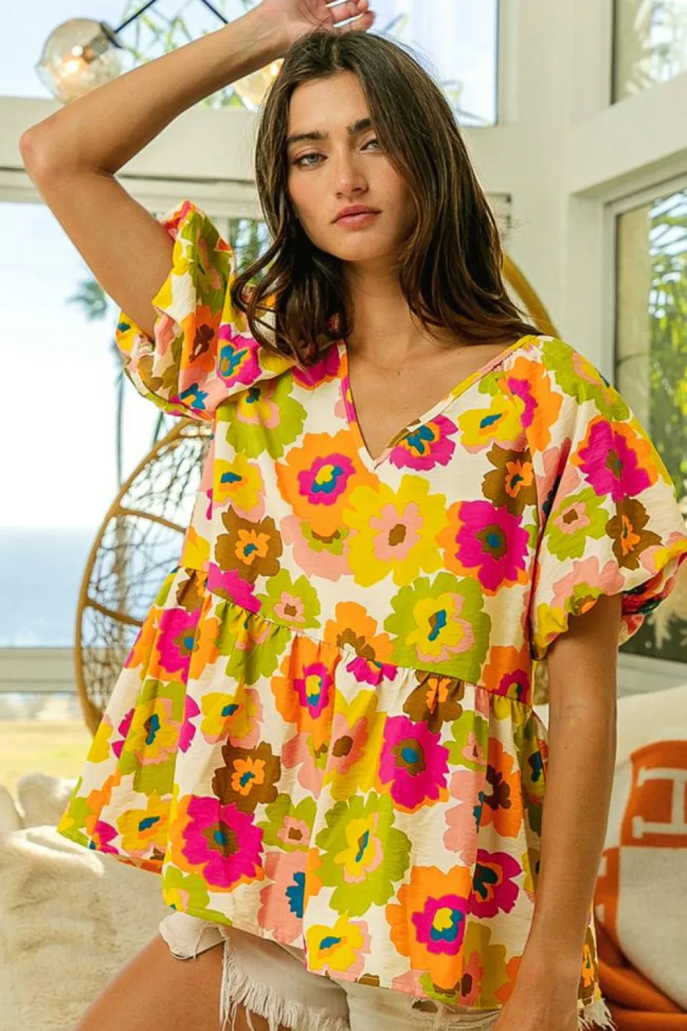 Best Dear-Lover Floral Print V Neck Puff Sleeve Summer Blouse Green