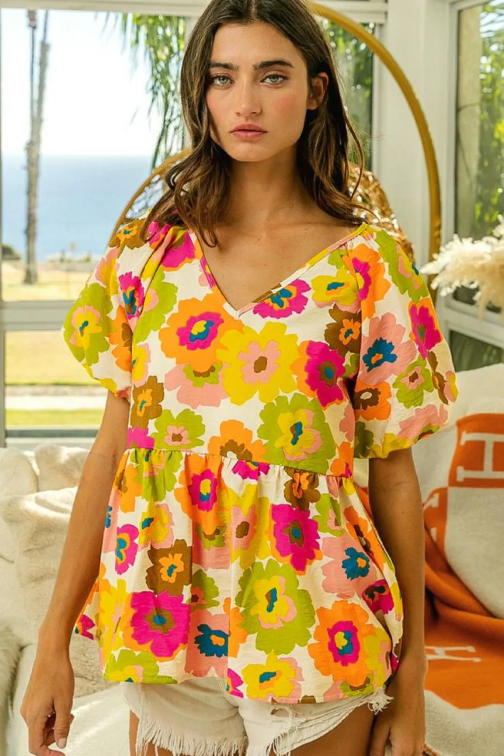 Best Dear-Lover Floral Print V Neck Puff Sleeve Summer Blouse Green