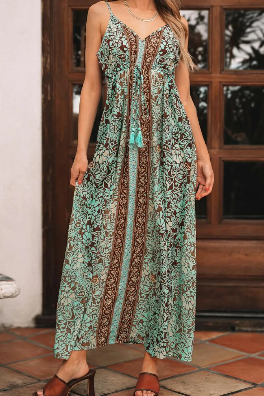 Best Dear-Lover Floral Print V Neck Ruffled Trim Backless Tassel Waist Maxi Dress Green