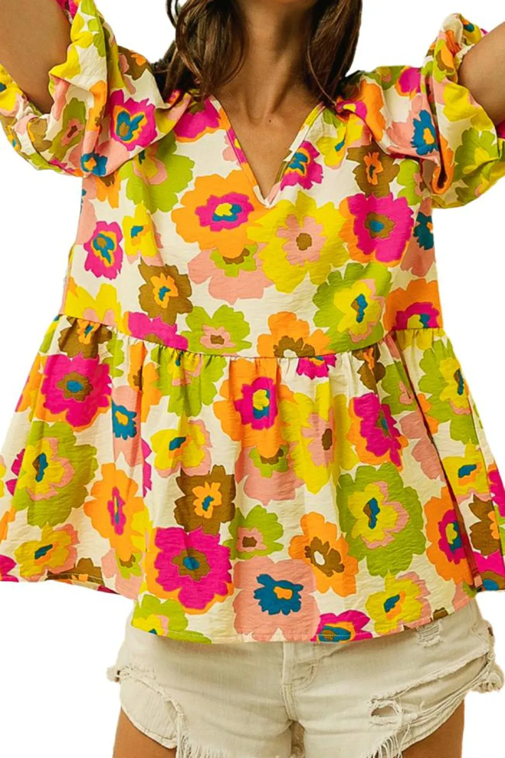 Best Dear-Lover Floral Print V Neck Puff Sleeve Summer Blouse Green