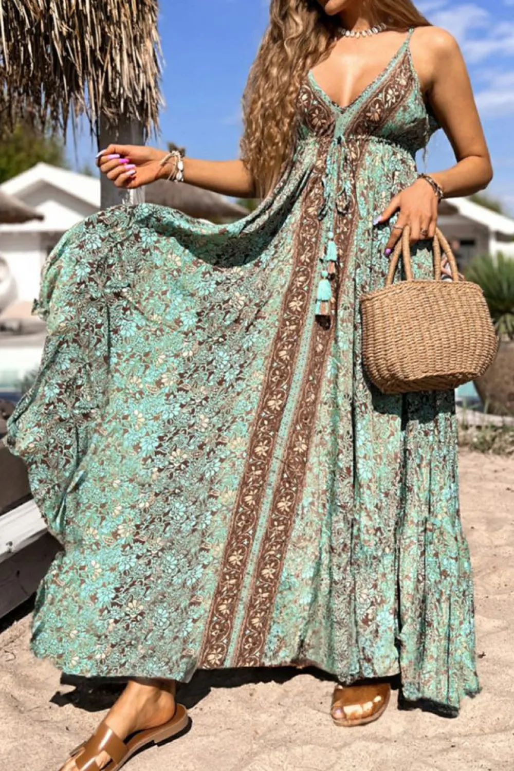 Best Dear-Lover Floral Print V Neck Ruffled Trim Backless Tassel Waist Maxi Dress Green