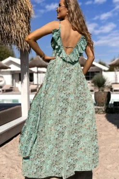 Best Dear-Lover Floral Print V Neck Ruffled Trim Backless Tassel Waist Maxi Dress Green