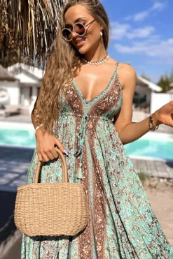 Best Dear-Lover Floral Print V Neck Ruffled Trim Backless Tassel Waist Maxi Dress Green