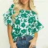 Discount Dear-Lover Floral Printed Ruffled Short Sleeve Round Neck Loose Blouse Green