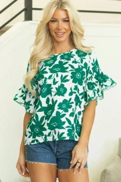 Discount Dear-Lover Floral Printed Ruffled Short Sleeve Round Neck Loose Blouse Green