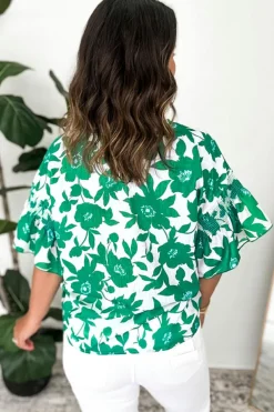 Discount Dear-Lover Floral Printed Ruffled Short Sleeve Round Neck Loose Blouse Green