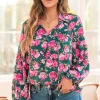 Best Dear-Lover Floral Printed Tied Collar Puff Sleeve Blouse Green