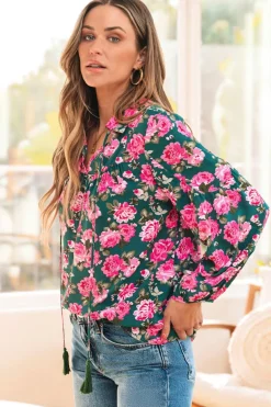 Best Dear-Lover Floral Printed Tied Collar Puff Sleeve Blouse Green