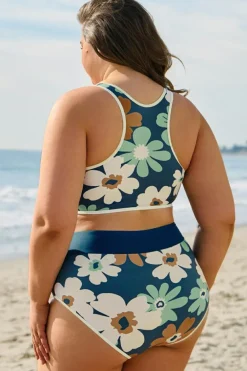Outlet Dear-Lover Floral Printed Zipped Plus Size Two Pieces Bikini Green