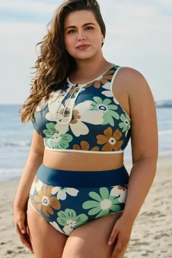 Outlet Dear-Lover Floral Printed Zipped Plus Size Two Pieces Bikini Green
