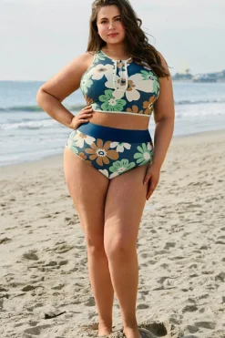 Outlet Dear-Lover Floral Printed Zipped Plus Size Two Pieces Bikini Green