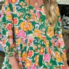Clearance Dear-Lover Floral Puff Sleeve V Neck Peplum Blouse Green