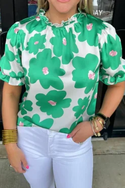 Sale Dear-Lover Floral Puff Sleeve Frill Neckline Blouse Green
