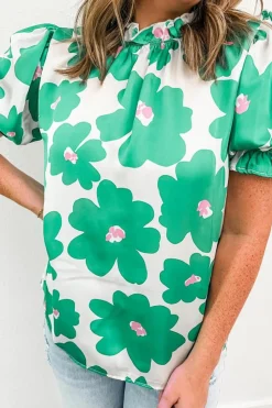 Sale Dear-Lover Floral Puff Sleeve Frill Neckline Blouse Green