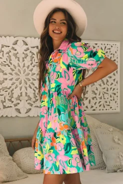 Outlet Dear-Lover Floral Puff Sleeve Collar Buttoned Babydoll Dress Green