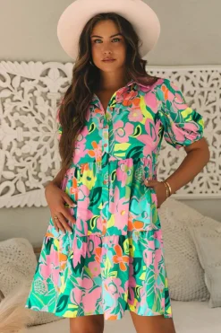 Outlet Dear-Lover Floral Puff Sleeve Collar Buttoned Babydoll Dress Green