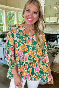 Clearance Dear-Lover Floral Puff Sleeve V Neck Peplum Blouse Green