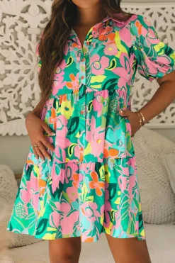 Outlet Dear-Lover Floral Puff Sleeve Collar Buttoned Babydoll Dress Green