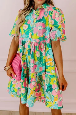 Outlet Dear-Lover Floral Puff Sleeve Collar Buttoned Babydoll Dress Green