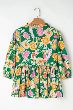Clearance Dear-Lover Floral Puff Sleeve V Neck Peplum Blouse Green