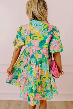 Outlet Dear-Lover Floral Puff Sleeve Collar Buttoned Babydoll Dress Green
